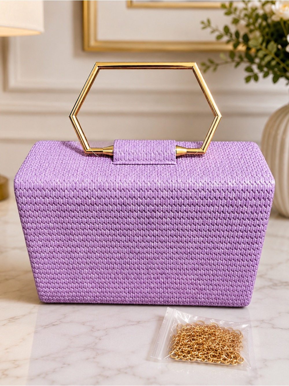 🆕 Lavender Woven Box Clutch with Gold Hexagon Handle